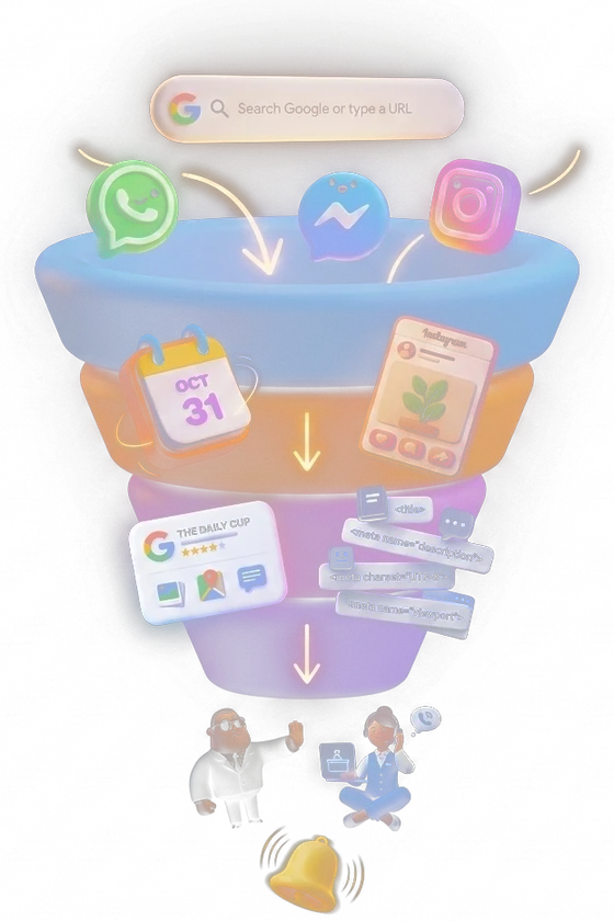 Funnel de marketing 3D con canales, citas, reseñas y equipo